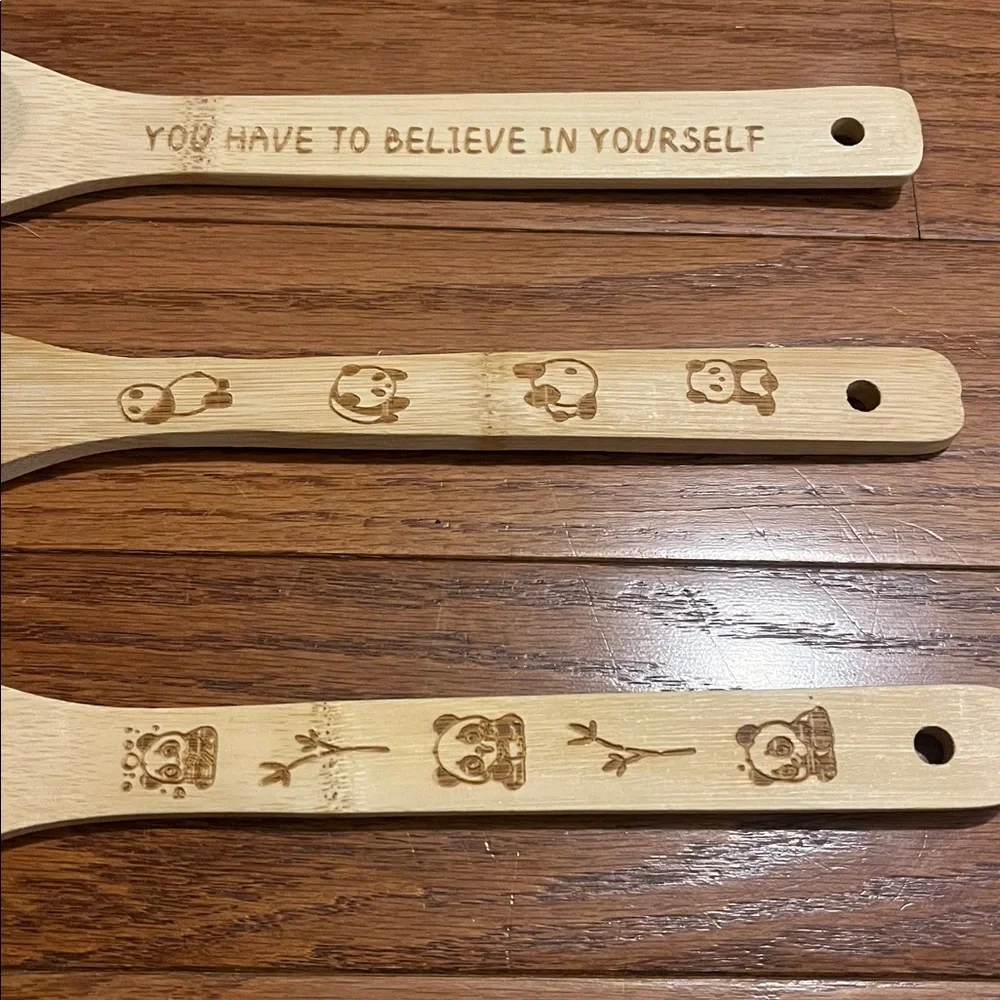 Lot of 5 pc Wooden Bamboo Panda Kitchen Cooking Spoons Utensils NWOT, New